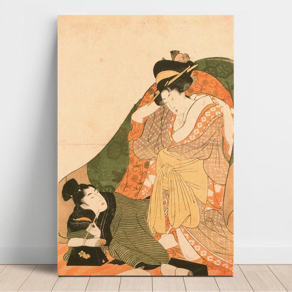 Reproduktion av målningen Amants under en futon; öppningsbild av ett erotiskt samling - Kitagawa Utamaro