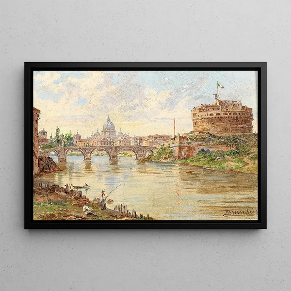 utsikt över Rom med Castel Sant'Angelo, Sankt Angelo-bron och Peterskyrkan i bakgrunden - Antonietta Brandeis — inramlat konstverk på väggen