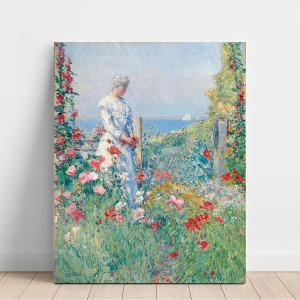 Reproduktion av målningen I trädgården (Celia Thaxter i sin trädgård) - Childe Hassam
