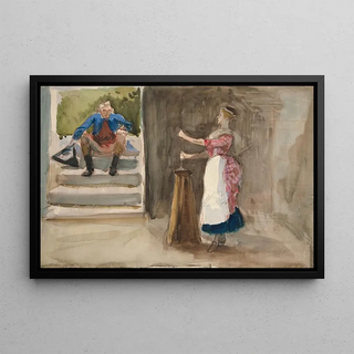 Edwin Austin Abbey - Woman churning butter man in Revolutionary dress watching.webp