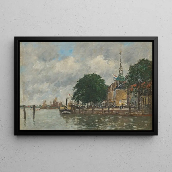 Dordrecht, en kaj vid hamnen - Eugène Boudin — inramlat konstverk på väggen