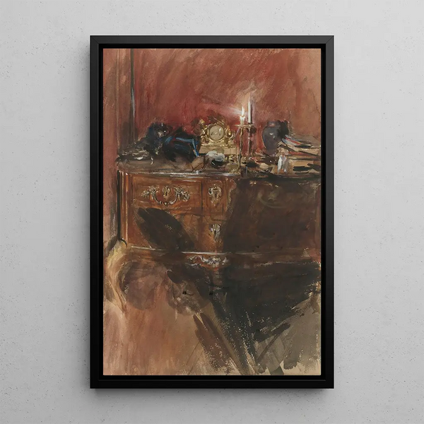 Vue d'un intérieur avec une commode Louis XV - Giovanni Boldini — inramlat konstverk på väggen