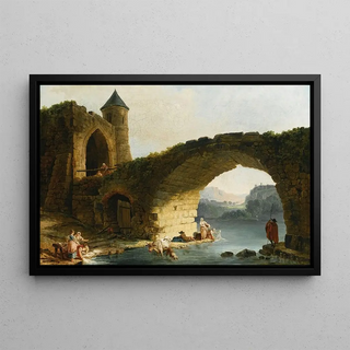 Hubert Robert - A Capriccio River Landscape With Washerwomen Near A Ruined Bridge.webp