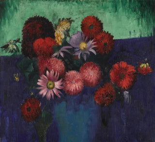 Nature morte, dahlias et marguerites dans un vase bleu - Mark Gertler