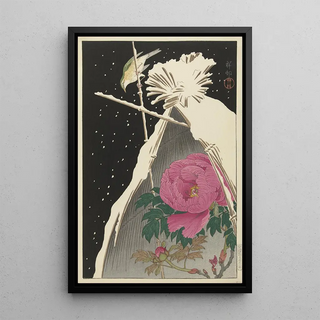Ohara Koson - Siberian Bluechat next to a Peony sheltered by a Snowcovered Hay Sheaf.webp