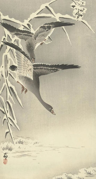 Ohara Koson - Two whitefronted geese in snowy landscape.webp