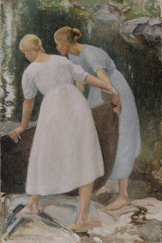 Pekka Halonen - Girls Pushing A Boat.webp