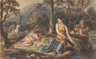 Robert Smirke - Diana Goddess of the Hunt with Satyrs sleeping Cupid and a Pegasus in a Wooded Landscape.webp
