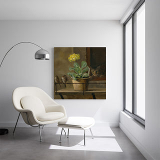 Konsttryck | Stillleben med en primula i en blomkruka, en katt och två sparvar - Martinus Rørbye