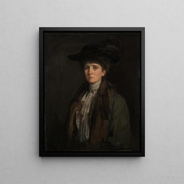 En dam i brunt som man tror är Margaret Edith Bannatyne Cobb - Sir John Lavery — inramlat konstverk på väggen