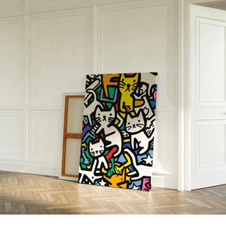 Tableau Pop Art – Danse des Félins | Affiche Colorée de Chats Stylisés | Poster Graphique Ludique et Dynamique pour Déco Murale Contemporaine
