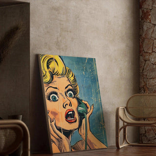 Tableau Pop Art – Surprise au Téléphone | Affiche Vintage Rétro Style BD | Poster Coloré Inspiré de Lichtenstein pour Déco Murale Dynamique