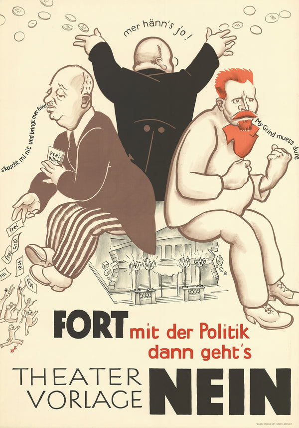 Vintageaffisch för teater 'Theatervorlage Nein' i karikatyrstil med politisk humor