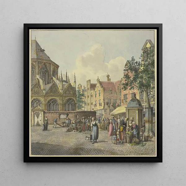 À gauche le chœur d'une église, à droite un pavillon de fontaine avec des vendeuses de gibier - Johannes Huibert Prins