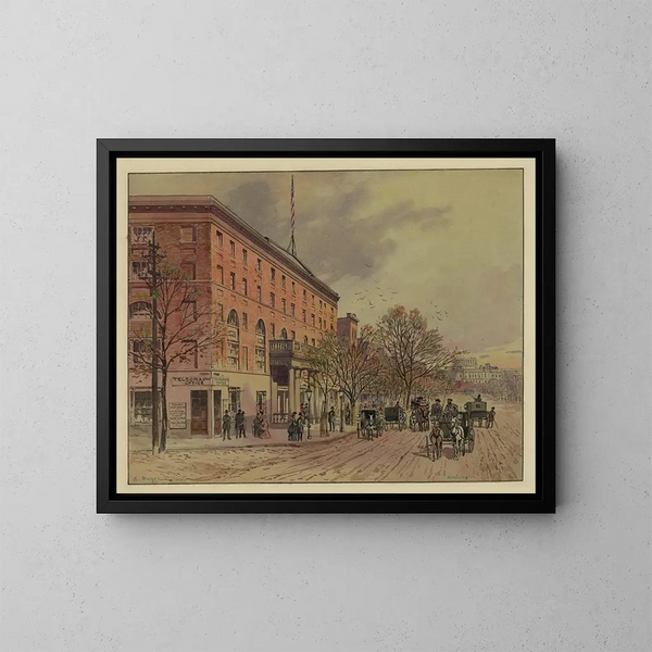 Vue de Washington, blickande längs Pennsylvania Avenue mot det ofärdiga Kapitolium, Hôtel National till vänster, nr 2 - A Meyer — inramlat konstverk på väggen