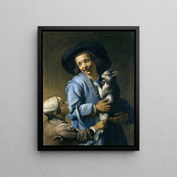 unga som leker med katten - Abraham Bloemaert — inramlat konstverk på väggen
