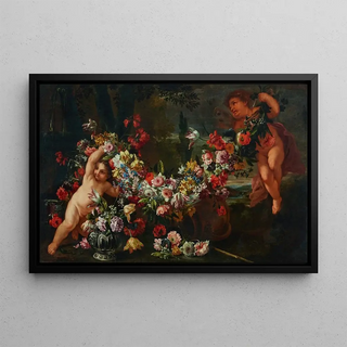 Abraham Brueghel - Garlands of flowers with putti in a landscape.webp