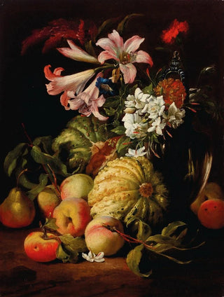 Abraham Brueghel - Lilies and other flowers in a glass vase with peaches and melons.webp