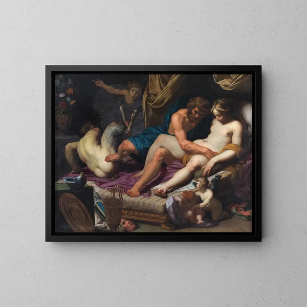 Hercule jagar Faunus från Omphale-sängen - Abraham Janssens — inramlat konstverk på väggen
