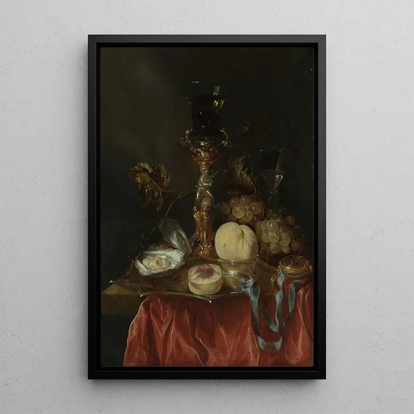 Reproduktion av målningen av still life med guldsilverfärgad glasdörr - Abraham van Beyeren