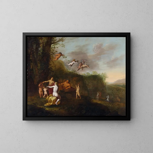 Bacchus och nymfer i ett landskap - Abraham van Cuylenborch — inramlat konstverk på väggen