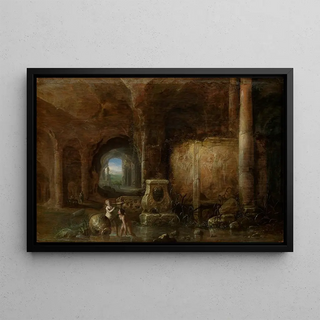 Abraham van Cuylenborch - Grotto with ancient sculptures and bathing women.webp
