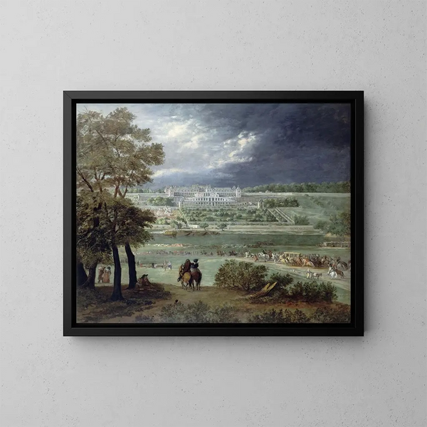 Le Château Neuf de Saint-Germain-en-Laye och trädgårdarna sett från högra stranden av Seine - Adam Frans van der Meulen — inramlat konstverk på väggen