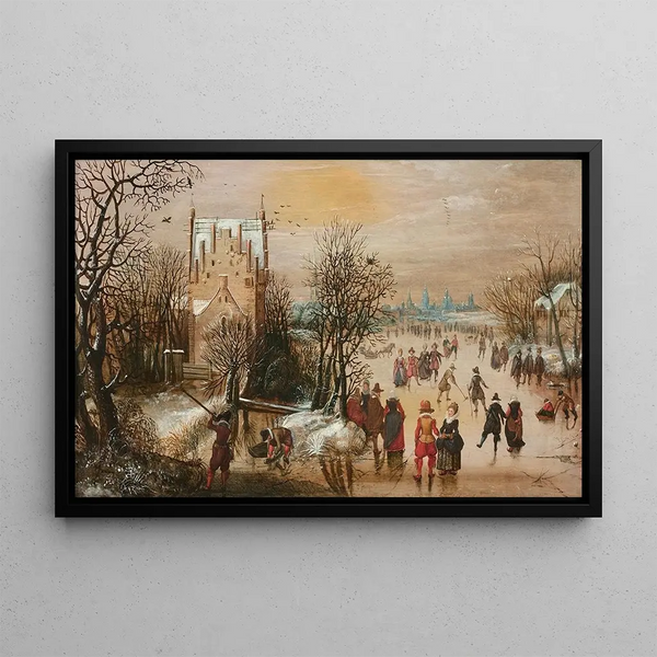 Adam van Breen - Paysage dhiver avec patineurs et chasseurs une ville dans le lointain.webp