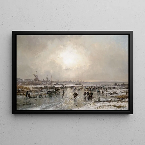 Adolf Stademann - Winterliches Eisvergngen auf einem zugefrorenen Kanal vor hollndischer Stadtsilhouette.webp