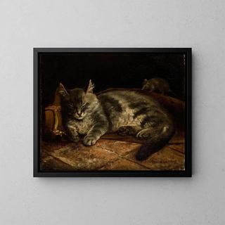 Adolf Von Becker - Sleeping Grey Cat And A Rat.webp