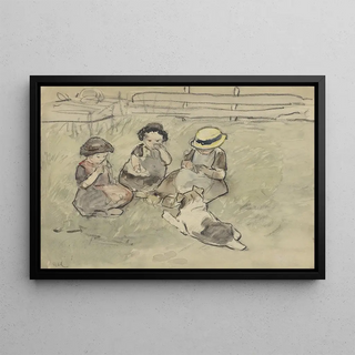 Adolf le Comte - Drie meisjes met een hond zittend in een weiland.webp
