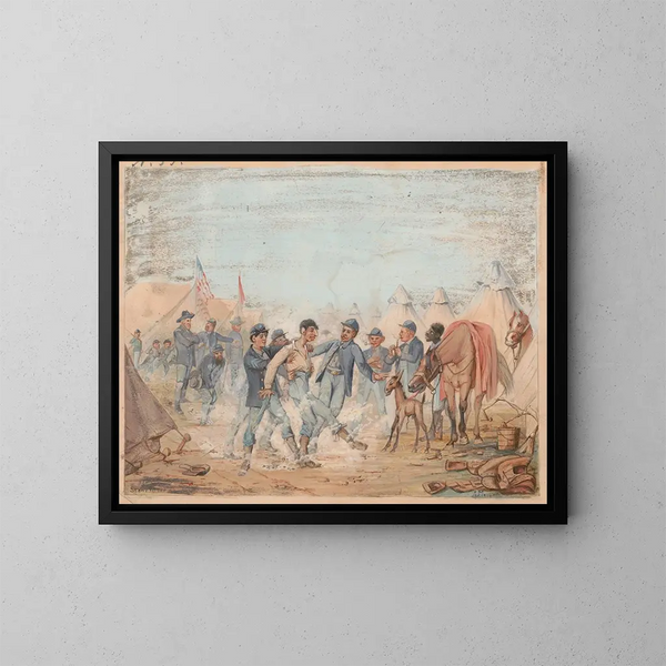 Camp du trente-deuxième régiment des volontaires de l'Indiana, compagnie A, nära Stones River, Tennessee, januari 1863 - Adolph Metzner — inramlat konstverk på väggen