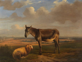 Adolphe Malherbe - Schaf und Esel vor weiter Landschaft.webp