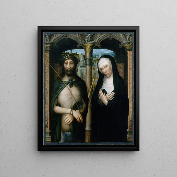 Kristus med törnekrona Ecce Homo och den sörjande Jungfrun - Adriaen Isenbrandt — inramlat konstverk på väggen