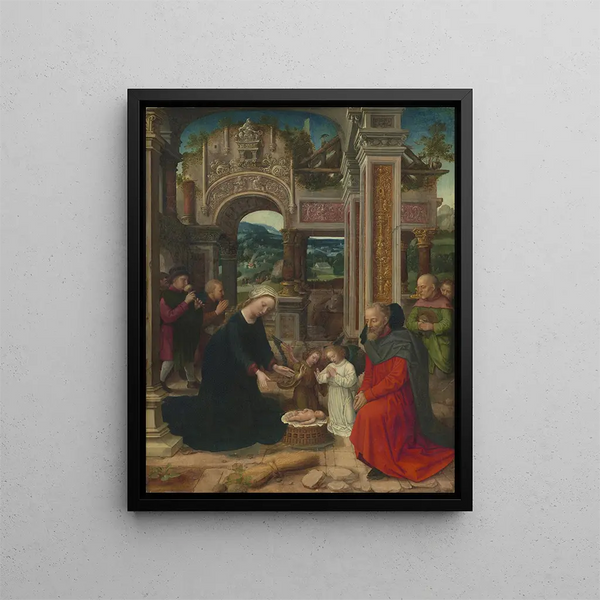 L'Adoration des bergers - Adriaen Isenbrandt — inramlat konstverk på väggen