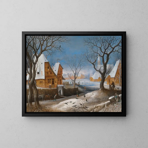 En vinterlandskap med figurer i en by - Adriaen van Stalbemt — inramlat konstverk på väggen