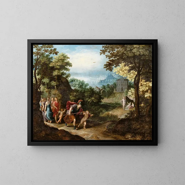 Apollon och Minerva som lämnar musorna för Venus, Ceres och Bacchus - Adriaen van Stalbemt — inramlat konstverk på väggen