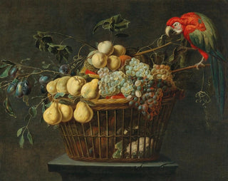 Adriaen van Utrecht - Still life of a basket of fruit with a parrot.webp