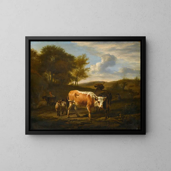 landskapsbild med berg och kor - Adriaen van de Velde — inramlat konstverk på väggen