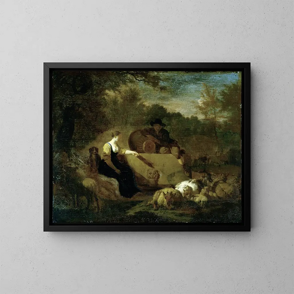 herdar med sin flock nära en brunn - Adriaen van de Velde — inramlat konstverk på väggen