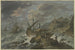 Storm till sjöss vid en klippig kust med ett skepp som strandat - Adriaen van der Cabel — vy av konstverket