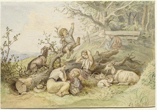 Adrian Ludwig Richter - Children And Goats Resting By A Felled Tree.webp