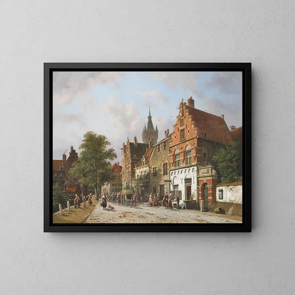 Delft med Prinsenhof i fjärran - Adrianus Eversen — inramlat konstverk på väggen