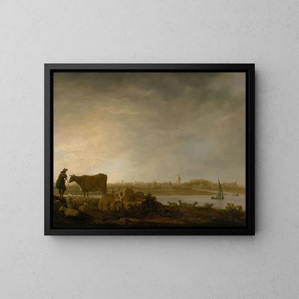 Vy över Vianen med en herde och boskap vid en flod - Aelbert Cuyp — inramlat konstverk på väggen