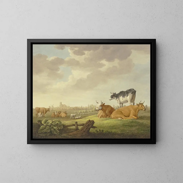 I en äng, getter och får, i fjärran en stad, till vänster en mjölkerska - Aelbert Cuyp — inramlat konstverk på väggen