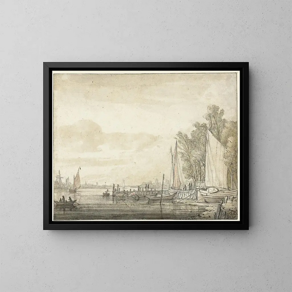 Båtar vid kajen i en flod - Aelbert Cuyp — inramlat konstverk på väggen