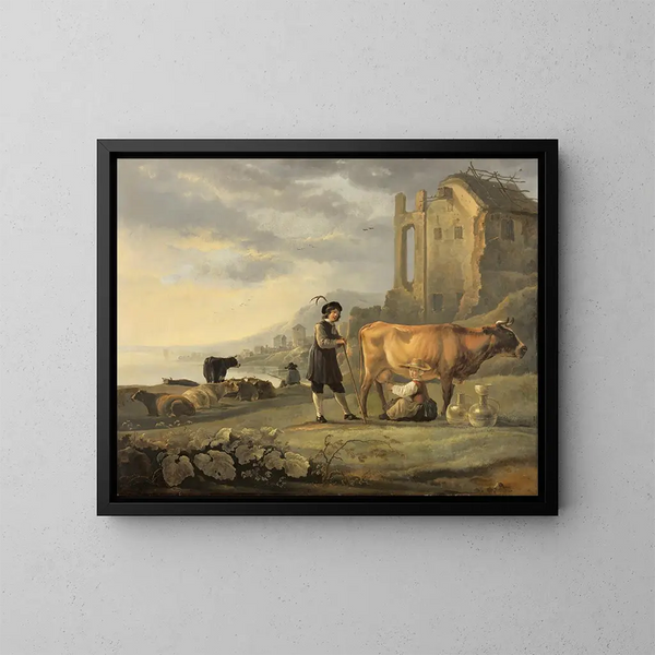 Landskap med en mjölkerska som mjölkar en ko - Aelbert Cuyp — inramlat konstverk på väggen