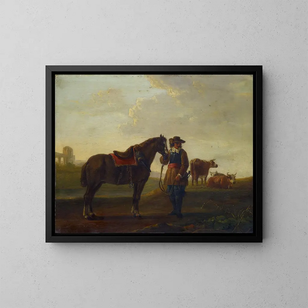 officer med häst - Aelbert Cuyp — inramlat konstverk på väggen