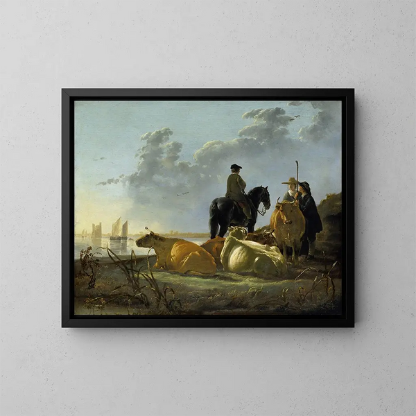 bönder och boskap vid floden Merwede - Aelbert Cuyp — inramlat konstverk på väggen