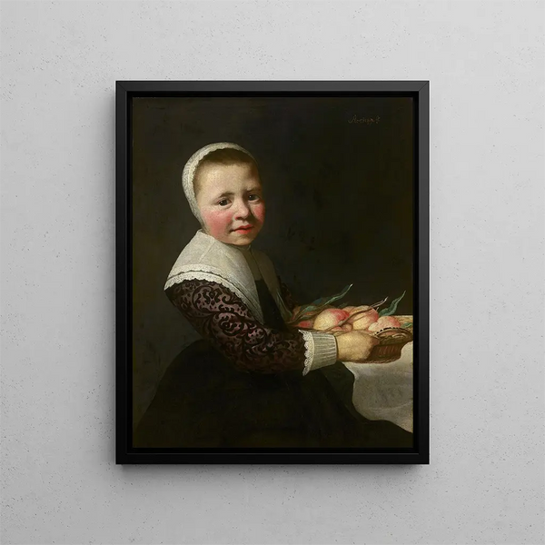 Porträtt av en flicka med persikor - Aelbert Cuyp — inramlat konstverk på väggen